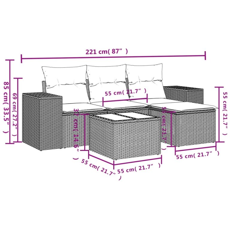 Set mobilier de grădină cu perne, 5 piese, negru, poliratan