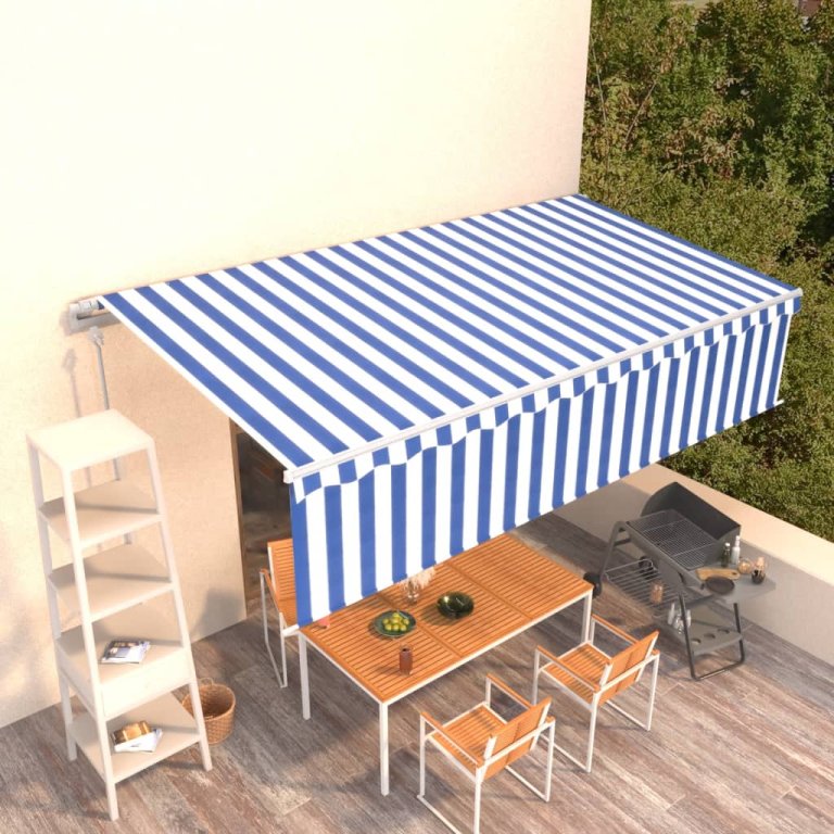 Copertină retractabilă automat cu stor, albastru&alb, 6x3 m