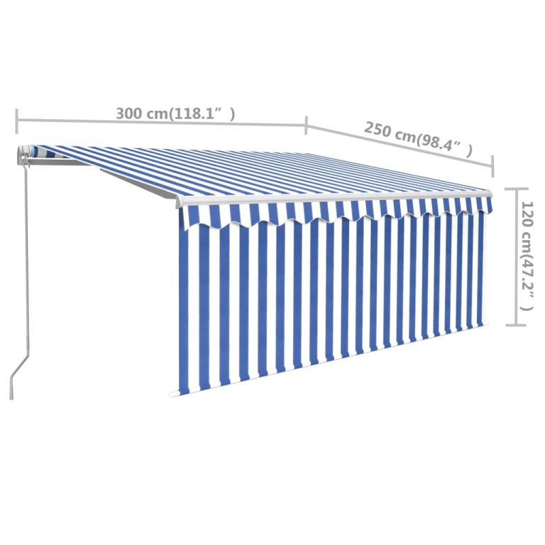 Copertină retractabilă manual cu stor, albastru & alb, 3x2,5 m