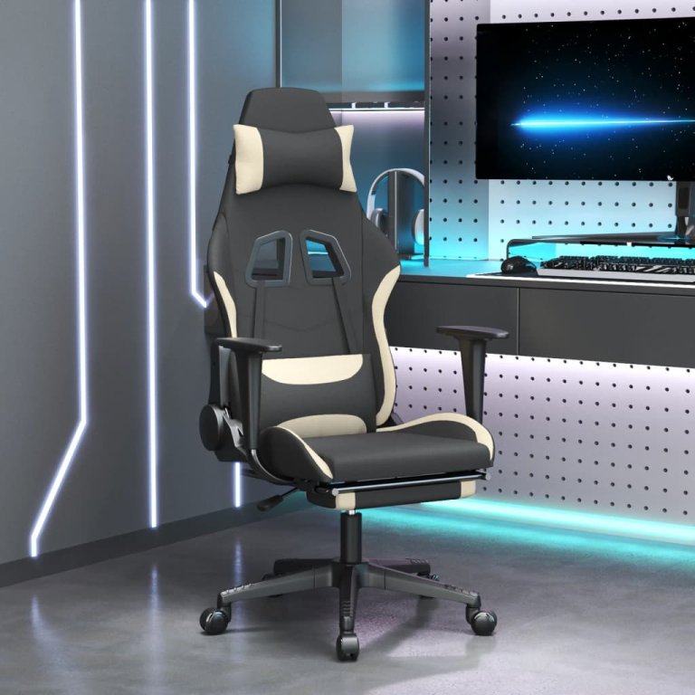 Scaun de gaming cu suport picioare, negru și crem, textil