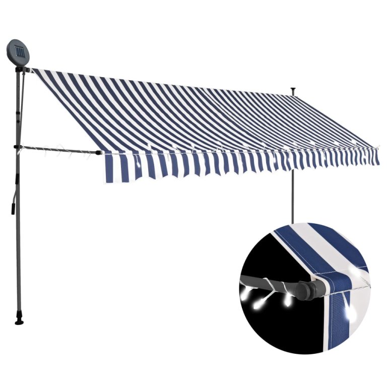 Copertină retractabilă manual cu LED, albastru & alb, 350 cm