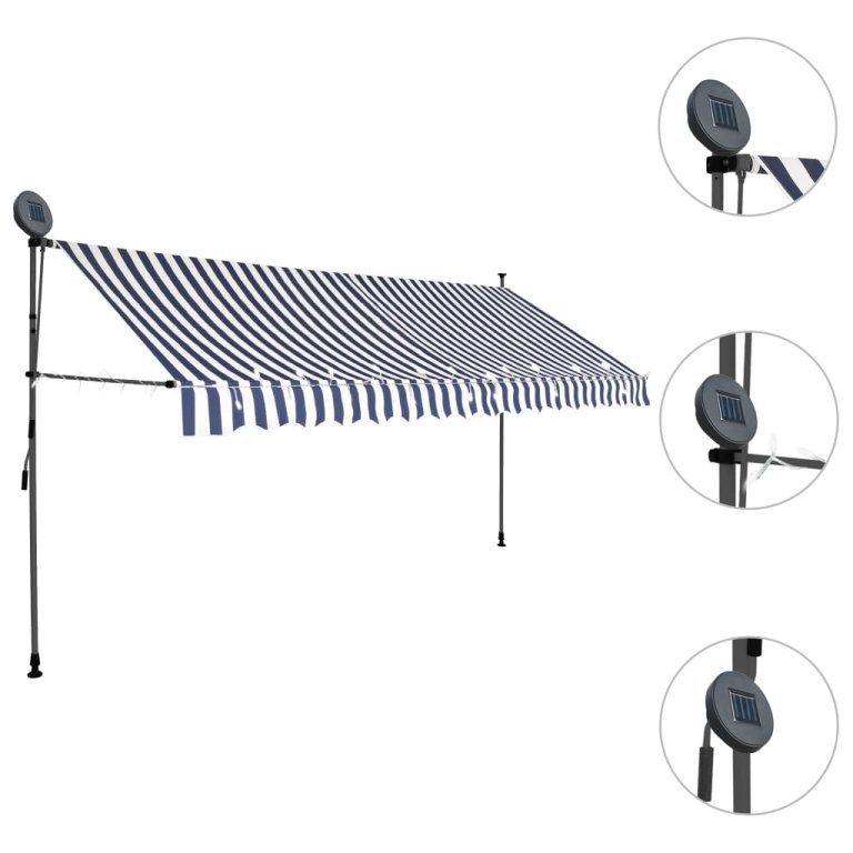 Copertină retractabilă manual cu LED, albastru & alb, 350 cm