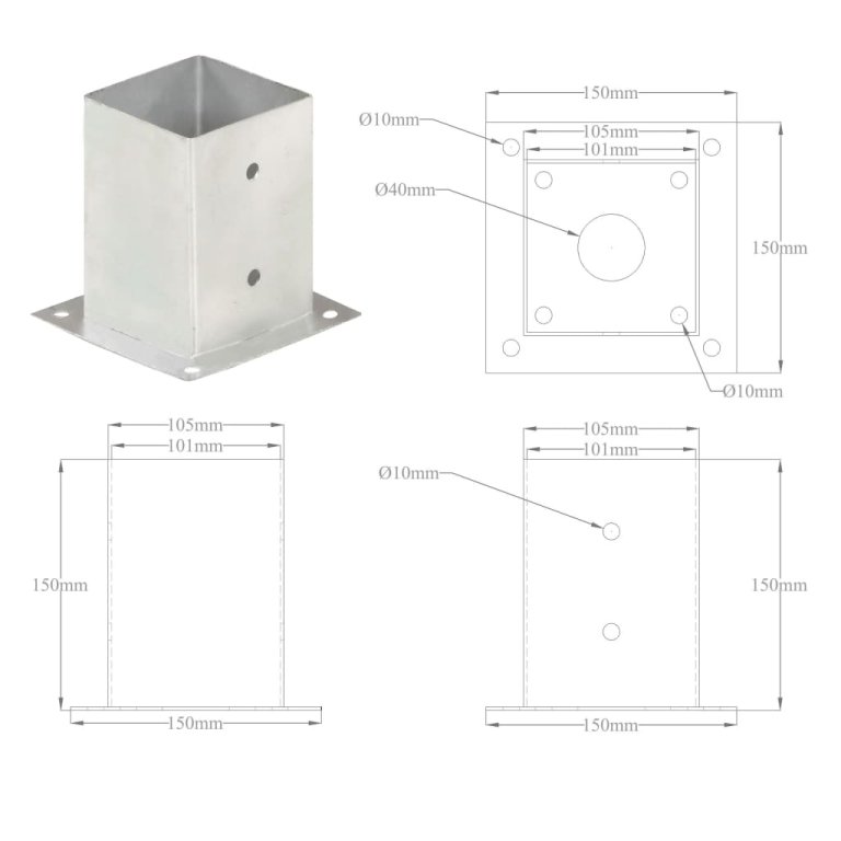 Suporturi stâlp, 4 buc., 101 mm, metal galvanizat