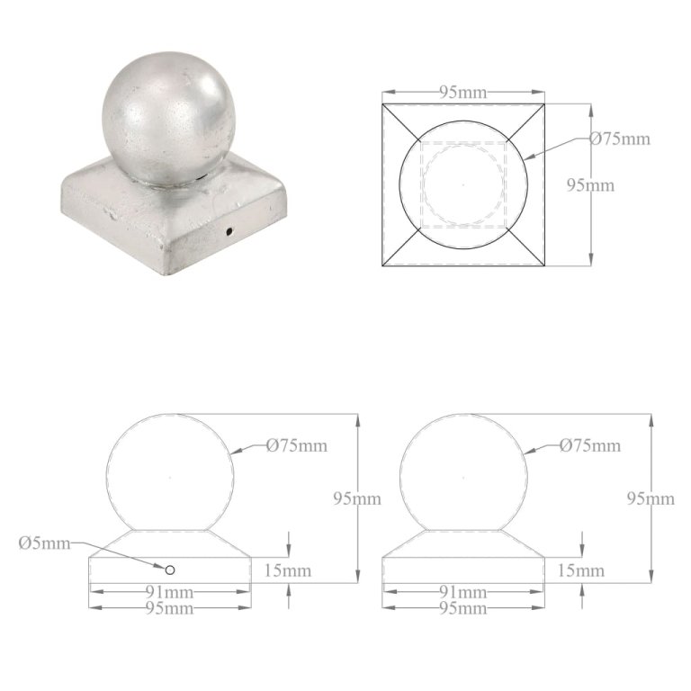 Capace stâlpi tip glob, 6 buc., 91 x 91 mm, metal galvanizat