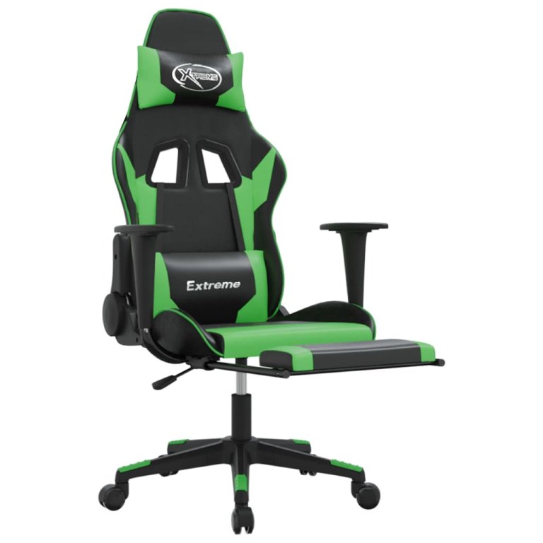 Scaun gaming de masaj/suport picioare, negru/verde, piele eco