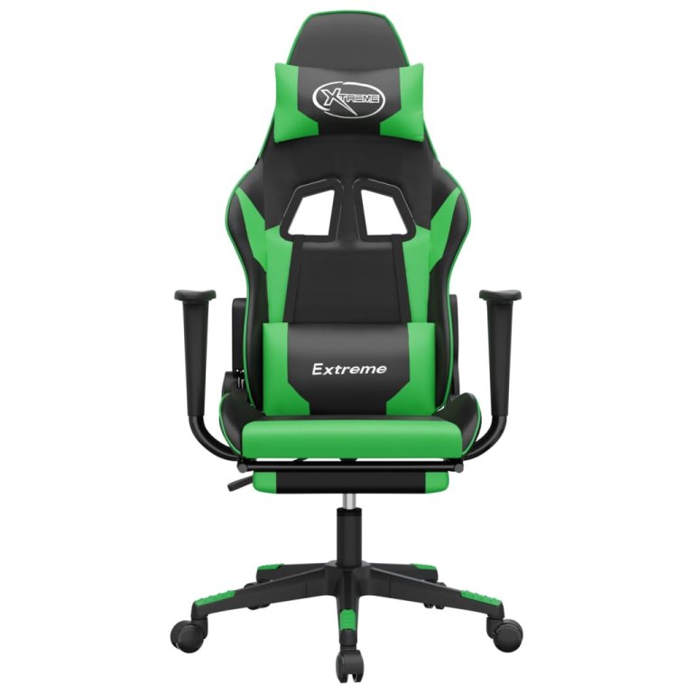 Scaun gaming de masaj/suport picioare, negru/verde, piele eco