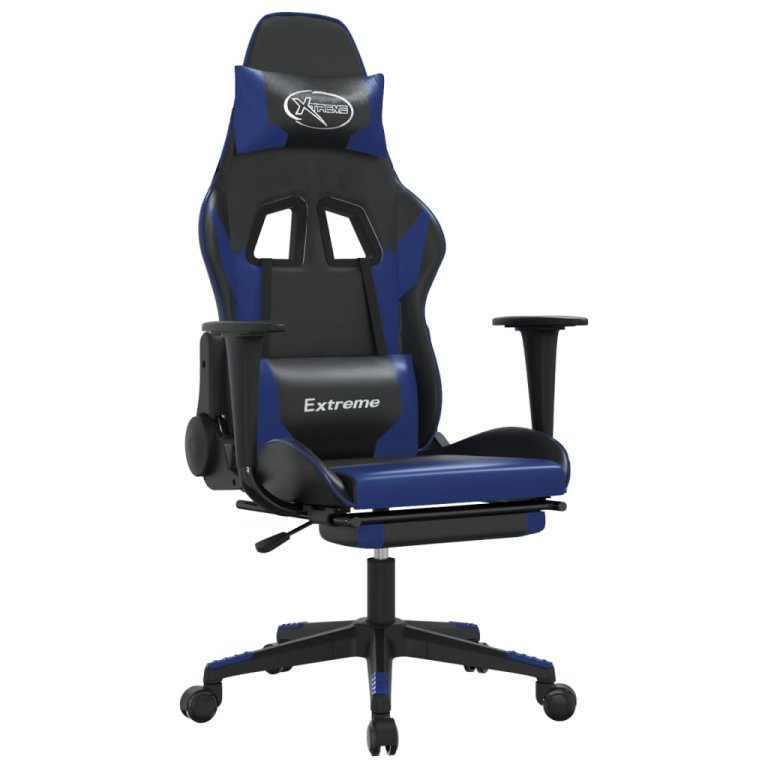 Scaun de gaming masaj/suport picioare negru/albastru piele eco