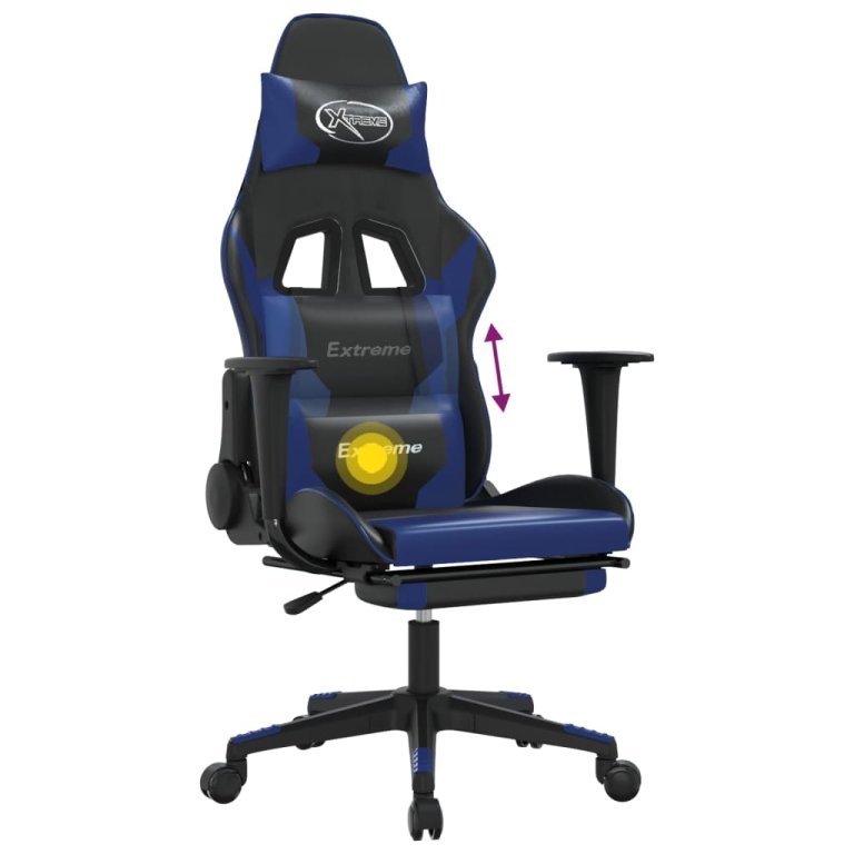 Scaun de gaming masaj/suport picioare negru/albastru piele eco