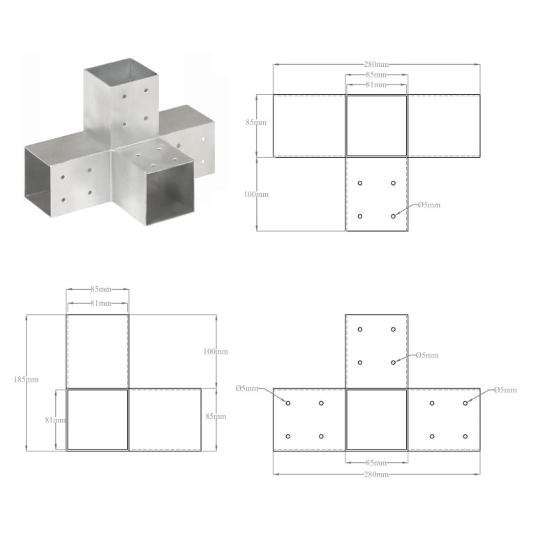 Conector de grindă, formă X, 81 x 81 mm, metal galvanizat