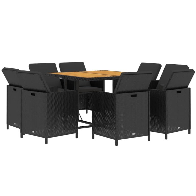 Set mobilier de grădină cu perne, 9 piese, negru, poliratan