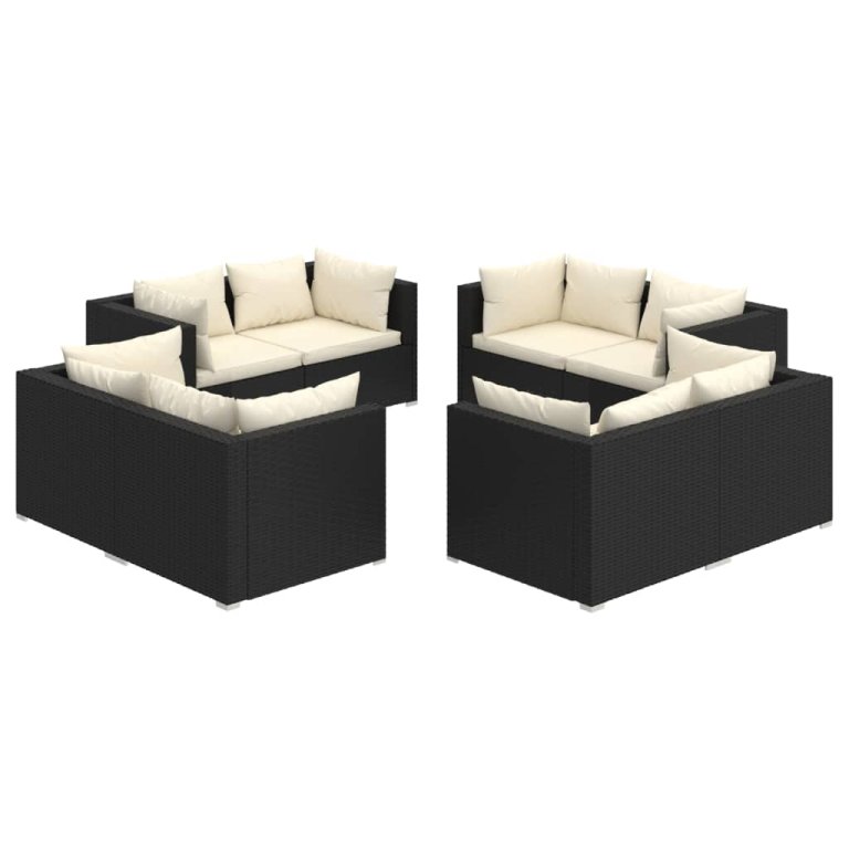 Set mobilier de grădină cu perne, 8 piese, negru, poliratan