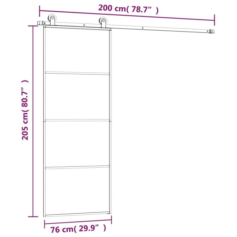 Ușă glisantă cu set feronerie, 76x205 cm, sticlă ESG/aluminiu