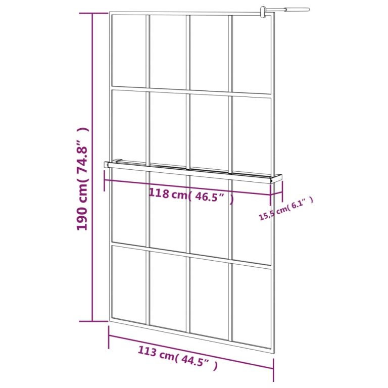 Paravan duș walk-in cu raft negru 118x195cm sticlă ESG/aluminiu