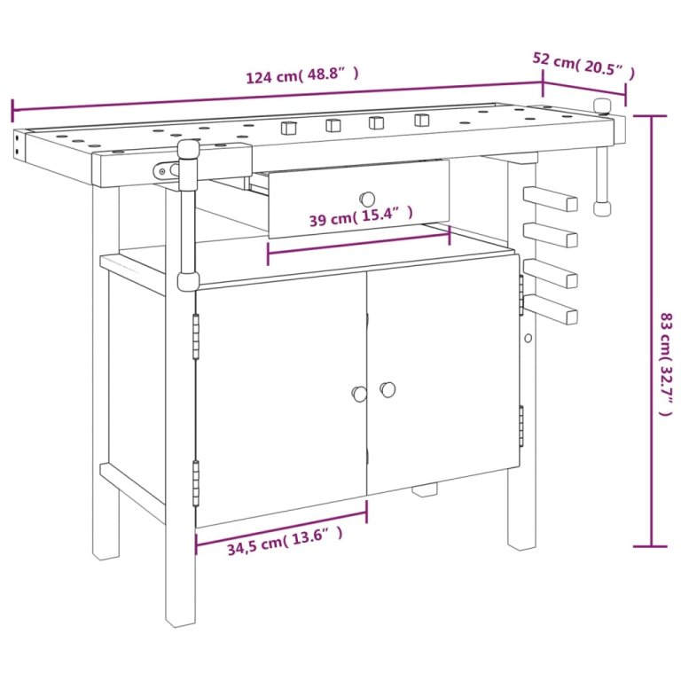 Banc de lucru cu sertar și menghine, 124x52x83 cm, lemn acacia