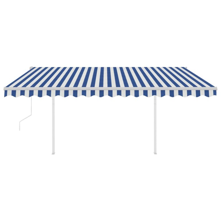 Copertină retractabilă automat, cu stâlpi, albastru&alb, 4x3 m