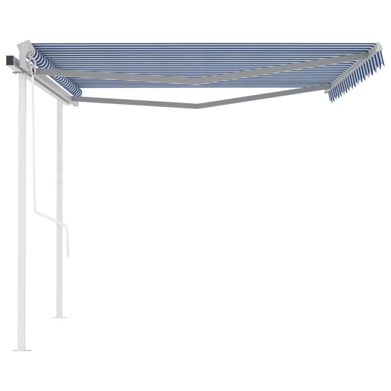 Copertină retractabilă automat, cu stâlpi, albastru&alb, 4x3 m