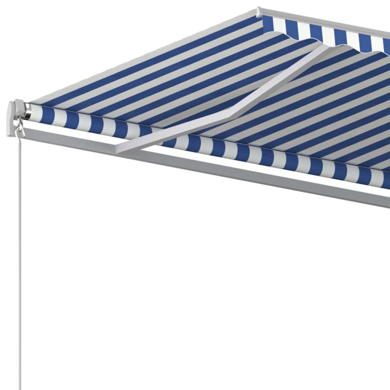 Copertină retractabilă automat, cu stâlpi, albastru&alb, 4x3 m