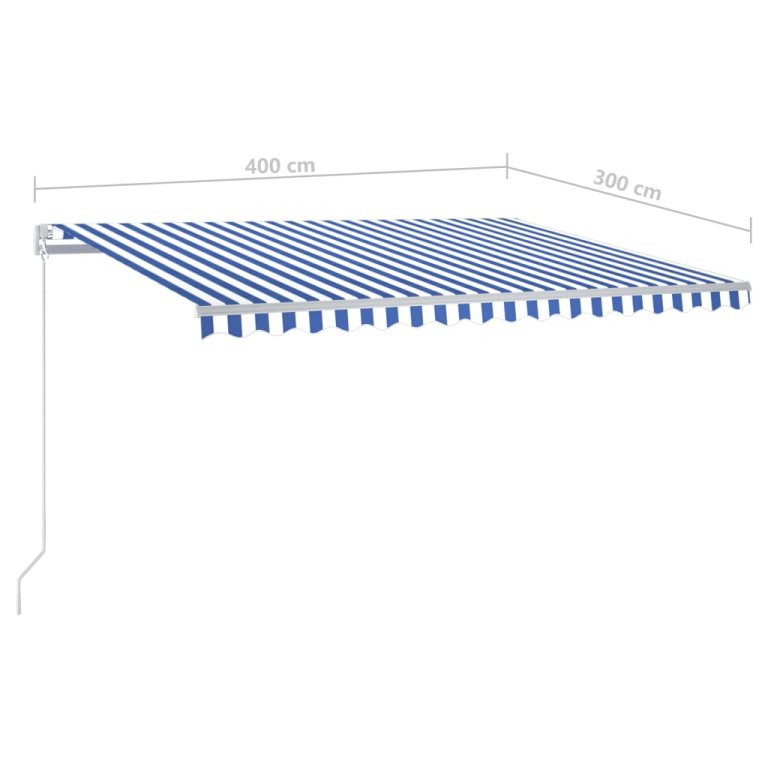 Copertină retractabilă automat, cu stâlpi, albastru&alb, 4x3 m