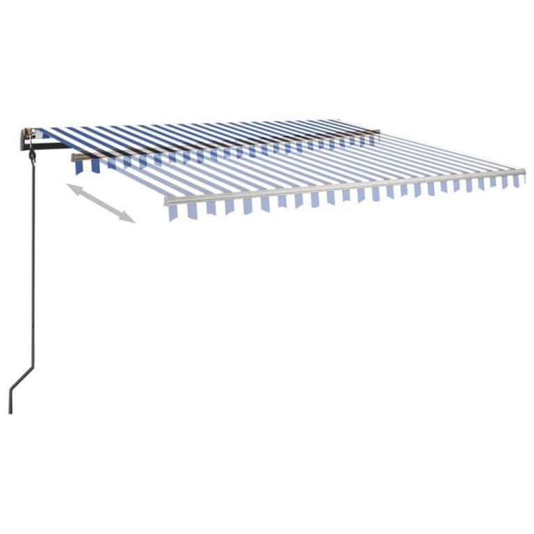 Copertină retractabilă automat, cu stâlpi, albastru/alb 4,5x3 m