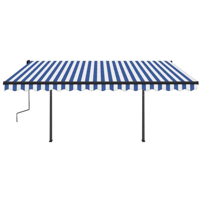 Copertină retractabilă automat, cu stâlpi, albastru/alb 4,5x3 m