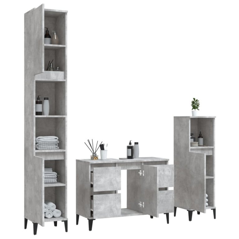 Set mobilier de baie, 3 piese, gri beton, lemn compozit