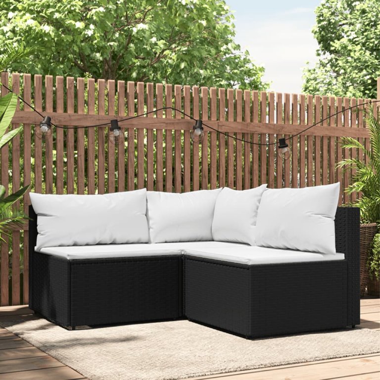 Set mobilier de grădină cu perne, 3 piese, negru, poliratan