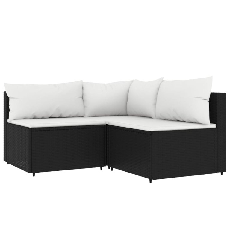 Set mobilier de grădină cu perne, 3 piese, negru, poliratan