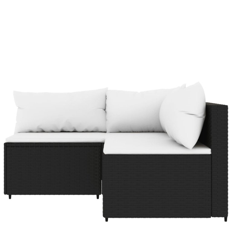 Set mobilier de grădină cu perne, 3 piese, negru, poliratan