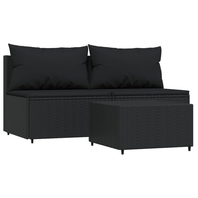 Set mobilier de grădină cu perne, 3 piese, negru, poliratan