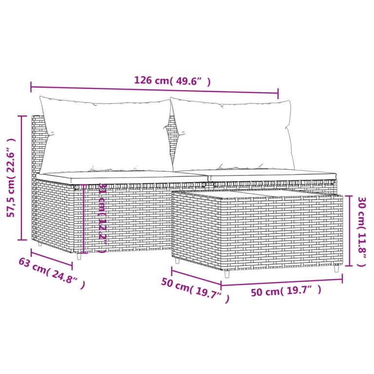 Set mobilier de grădină cu perne, 3 piese, negru, poliratan