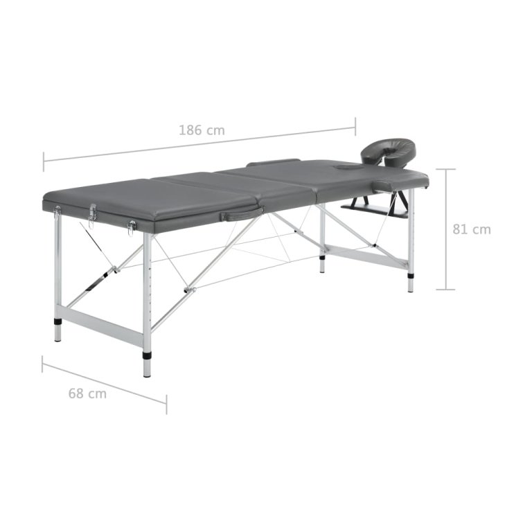 Masă de masaj cu 3 zone, cadru aluminiu, antracit, 186 x 68 cm