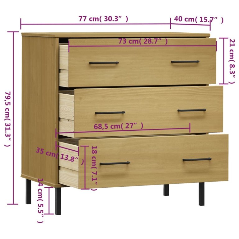 Servantă cu 3 sertare, maro, 77x40x79,5 cm, lemn masiv OSLO