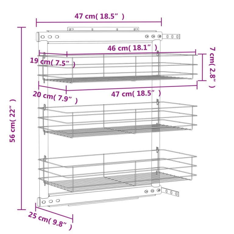 Coș sârmă bucătărie retractabil 3 niveluri argintiu 47x25x56 cm