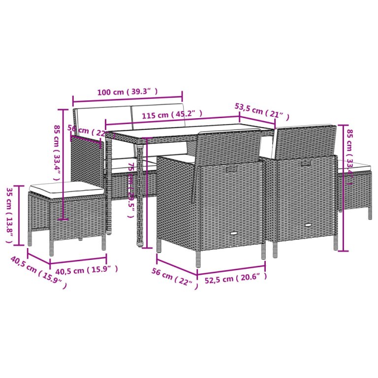 Set mobilier de grădină cu perne, 6 piese, negru, poliratan