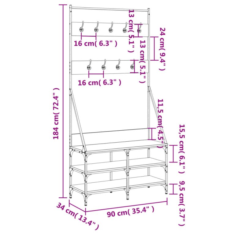 Suport de haine cu raft pantofi, stejar maro, 90x34x184 cm