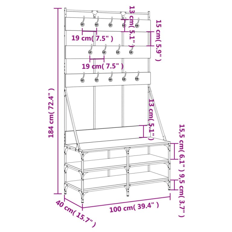 Suport de haine cu raft pantofi, sonoma gri, 100x40x184 cm