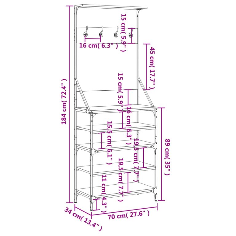 Suport de haine cu raft de pantofi stejar fumuriu, 70x34x184 cm