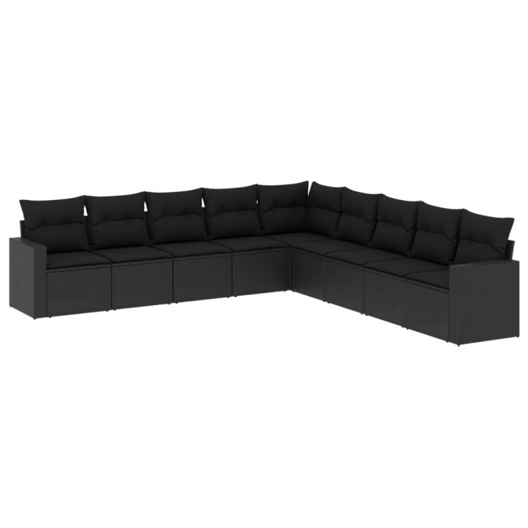 Set mobilier de grădină cu perne, 9 piese, negru, poliratan