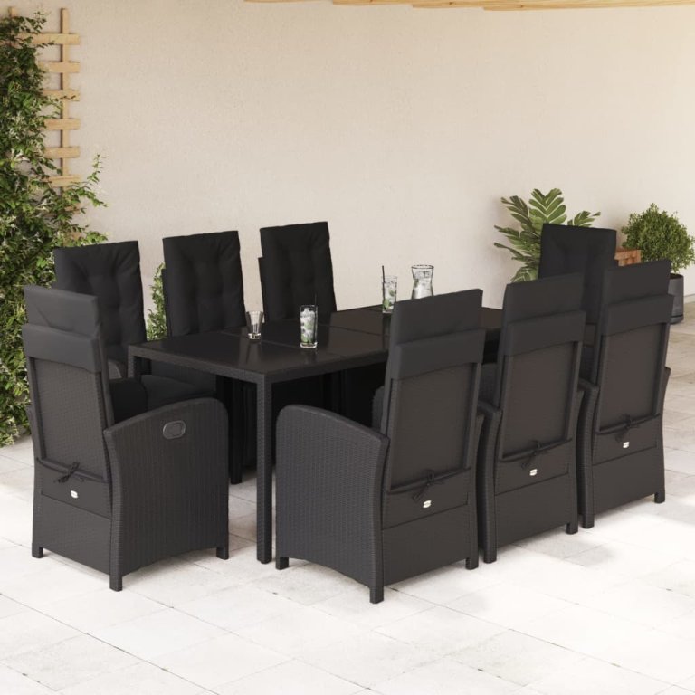 Set mobilier de grădină cu perne, 9 piese, negru, poliratan