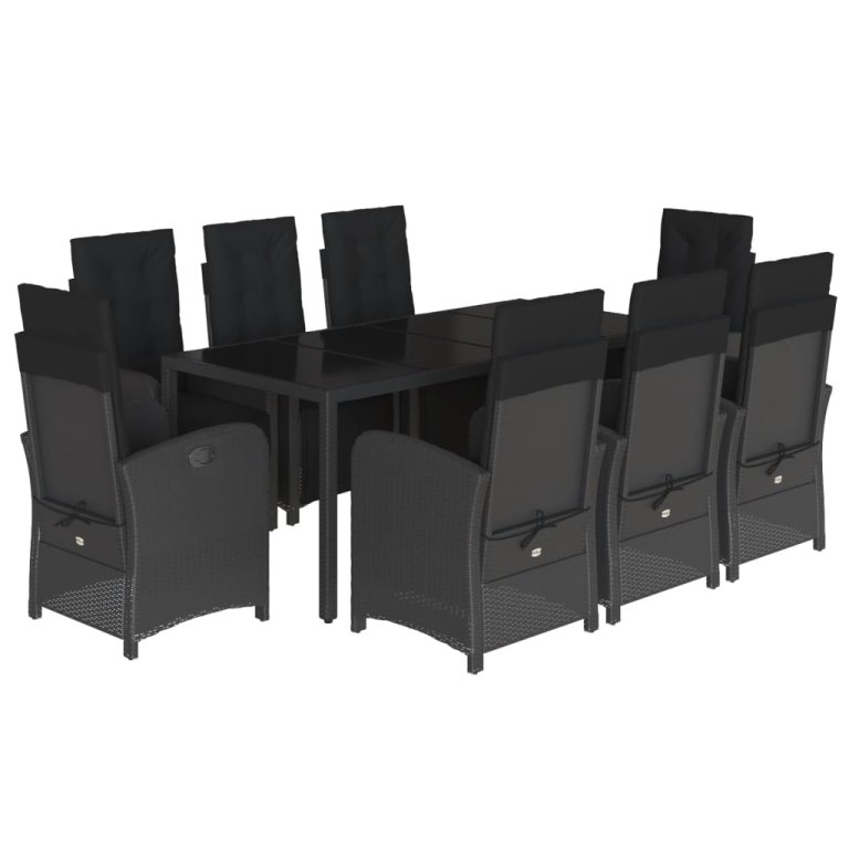 Set mobilier de grădină cu perne, 9 piese, negru, poliratan