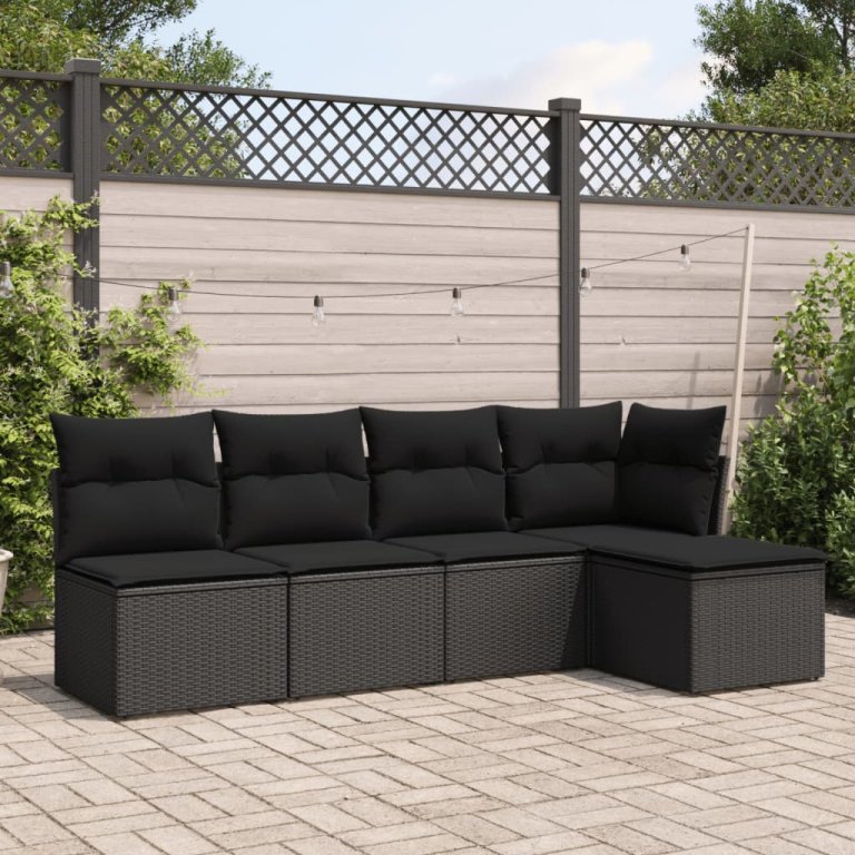 Set mobilier de grădină cu perne, 5 piese, negru, poliratan