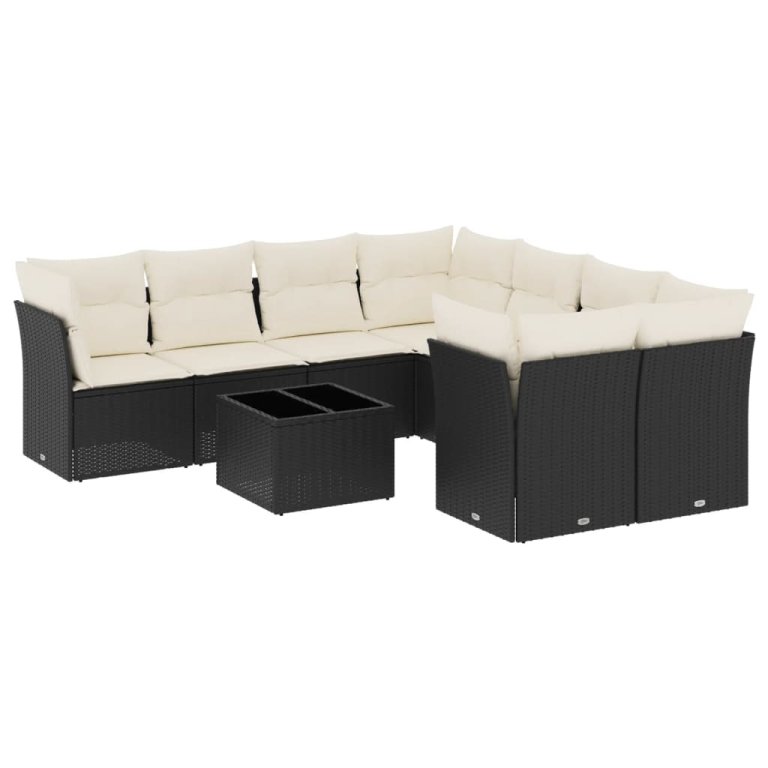 Set mobilier de grădină cu perne, 9 piese, negru, poliratan