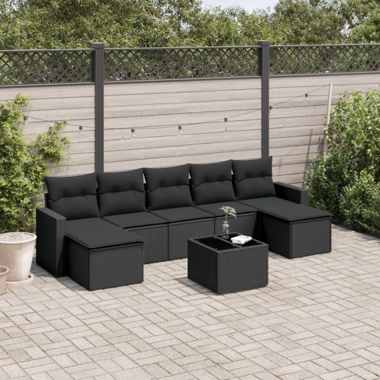 Set mobilier de grădină cu perne, 8 piese, negru, poliratan