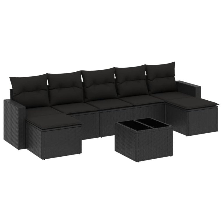 Set mobilier de grădină cu perne, 8 piese, negru, poliratan