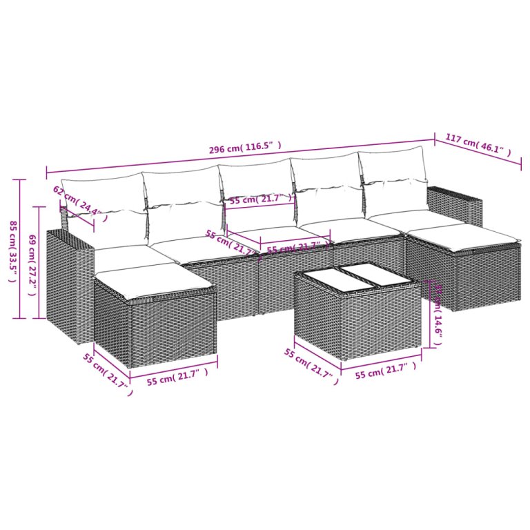 Set mobilier de grădină cu perne, 8 piese, negru, poliratan