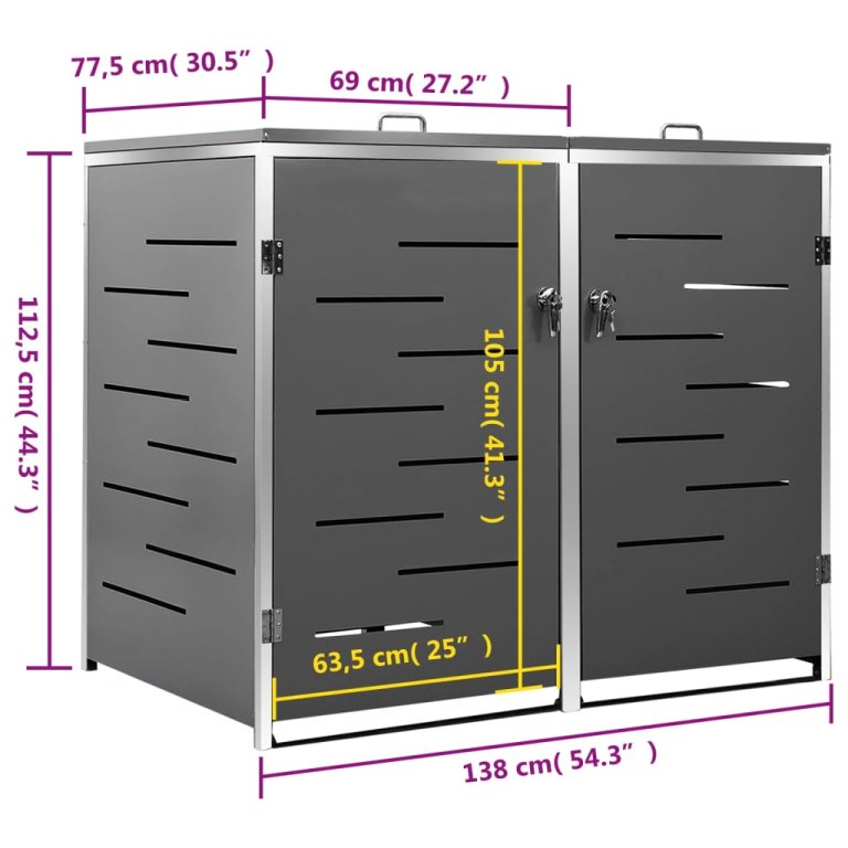 Magazie pentru două pubele, 138x77,5x112,5 cm, oțel inoxidabil