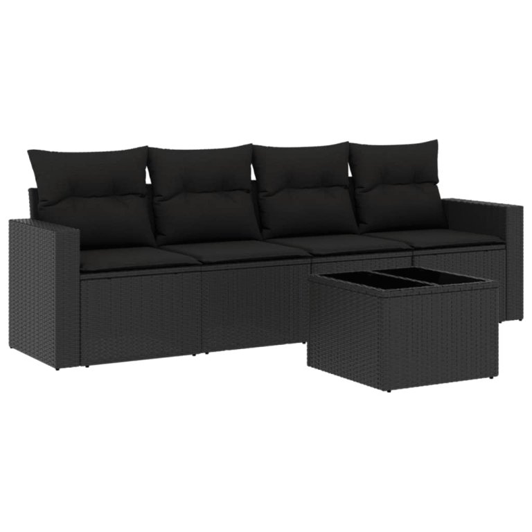 Set mobilier de grădină cu perne, 5 piese, negru, poliratan