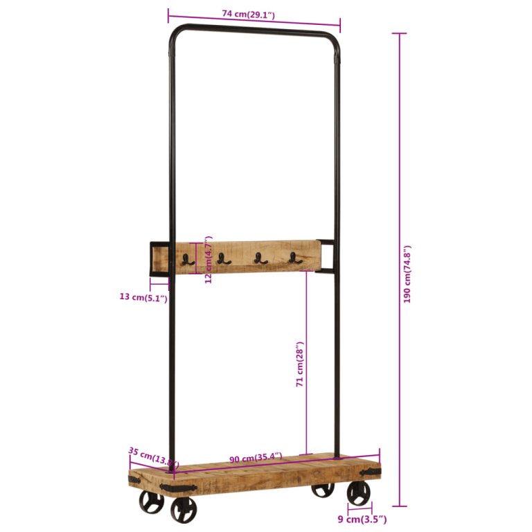 Suport pentru haine cu roți 90x35x190cm lemn masiv mango & fier