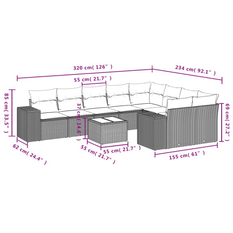 Set canapele de grădină cu perne, 10 piese, negru, poliratan