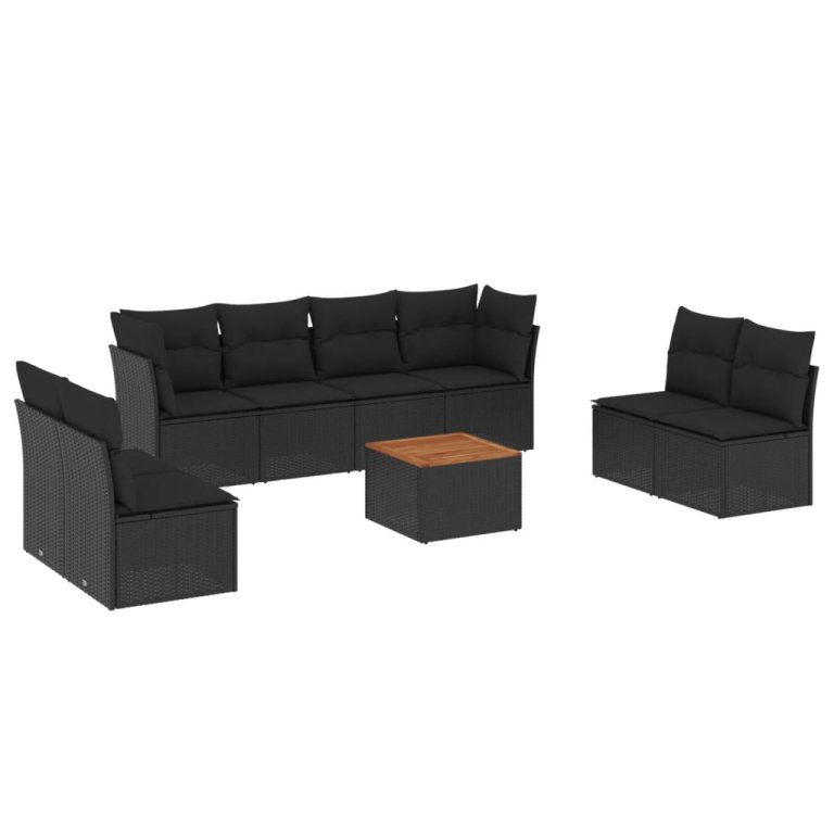 Set mobilier de grădină cu perne, 9 piese, negru, poliratan